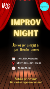 Slide displaying an open stage curtain. Text with details on the Improv Night event.
