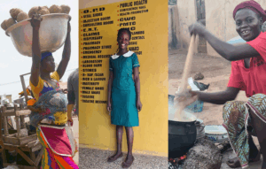 Collage, die drei westafrikanische Frauen zeigt. Links: Frau trägt großen Bottich auf dem Kopf; Mitte: Frau in Pflegekluft; Rechts: Frau, die in einem Topf umrührt.
