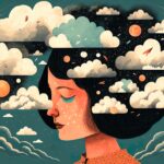 Illustratives Bild einer Frau, über deren Kopf Wolken liegen (als Symbol für Denken)