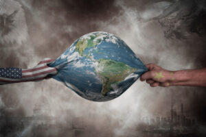 Symbolbild: Machtkampf zwischen USA und Cina, Erde wird gezerrt, photomontage