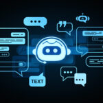 Chatbot-Symbol umrundet von Sprechblasen. Dunkler Hintergrund, Symbole in hellblau-leuchtend.